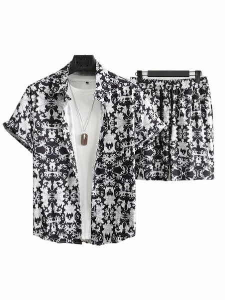 

men baroque print shirt & drawstring waist shorts without tee y9qk#, Gray