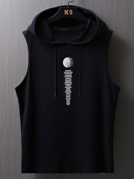 

men letter & moon print drawstring hooded tank r2zr#, White;black