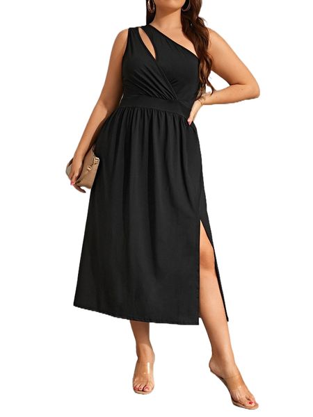 

plus cut out one shoulder dress 60ih#, Black