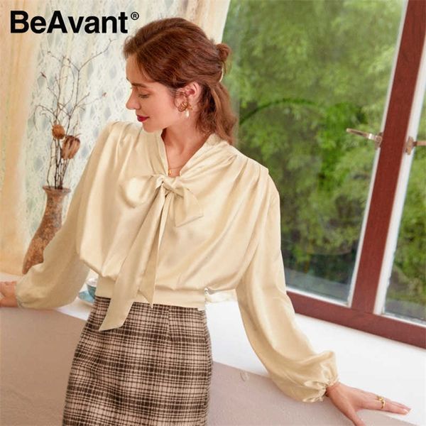 

beavant casual solid apricot long sleeve women blouse shirt autumn neck tie blouses shirt elegant work wear loose female 20 210709, White
