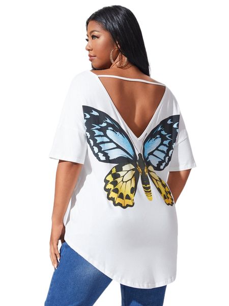 

plus drop shoulder butterfly print cutout back tee j4bf#, Black