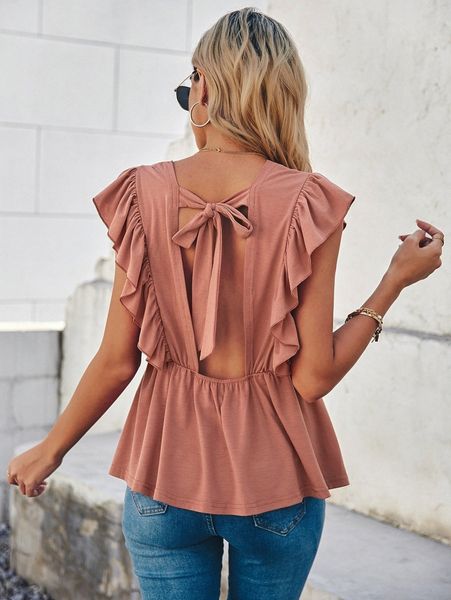 

tie back ruffle trim guipure lace detail tee a0xk#, White