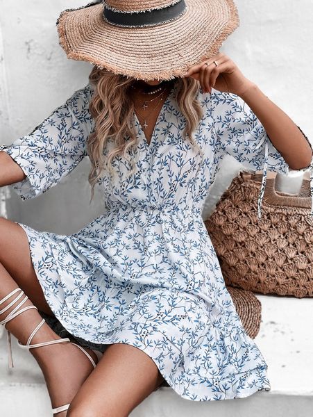 

plants print surplice front a-line dress v6i7#, Black;gray