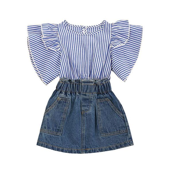 Completi di abbigliamento Born Toddler Bambini Vestiti per bambini Moda per ragazze Set di 2 pezzi Completo a maniche Top a righe Gonna di jeans Set per bambiniClothi