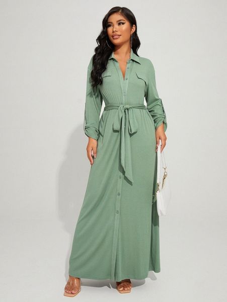 

drop shoulder button front belted dress v7h7#, Black;gray
