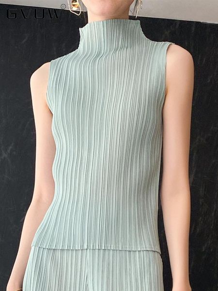 

women's t-shirt gvuw women's pleated sleeveless skinny turtleneck pulllover solid color slim fit 2022 summer female fashion 17d586, White
