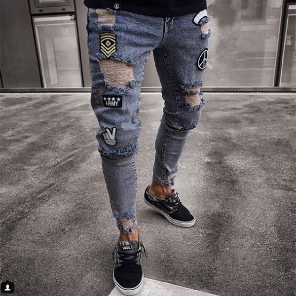 

men stylish ripped jeans pants biker skinny slim straight frayed denim trousers fashion skinny jeans men clothes 220328, Blue