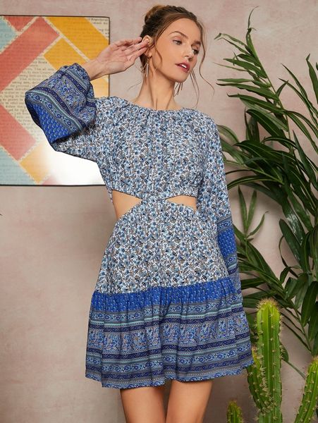 

allover floral print cut out dress i2ze#, Black;gray