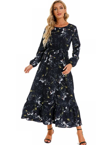 

spring autumn long dresses floral printed round neck long sleeved a-line casual dress, Black;gray