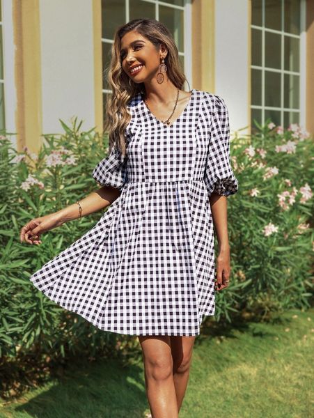 

gingham print lantern sleeve dress u56e#, Black;gray