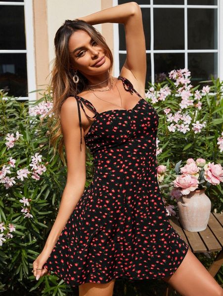 

ditsy floral print knot shoulder cami dress x9ha#, Black;gray