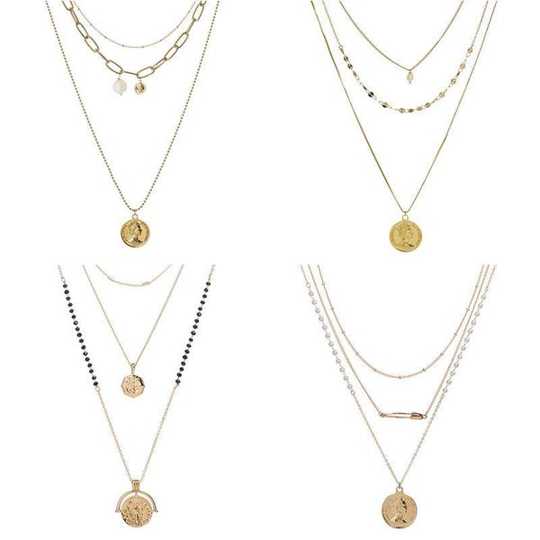 Anhänger Halsketten Mehrschichtige Halskette Für Frauen Elizabeth Münze Perle Karte Kette Gold Böhmen Schmuck GroßhandelAnhänger