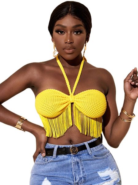 

sxy fringe hem tie backless crop halter b2bp#, White
