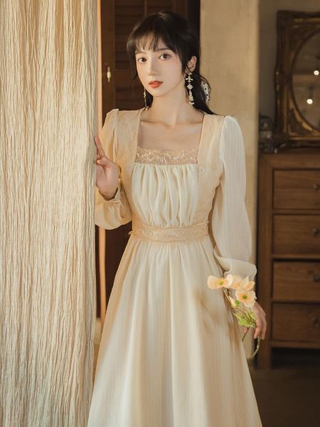 

casual dresses french style restoring ancient ways collar lace patchwork dress, Black;gray