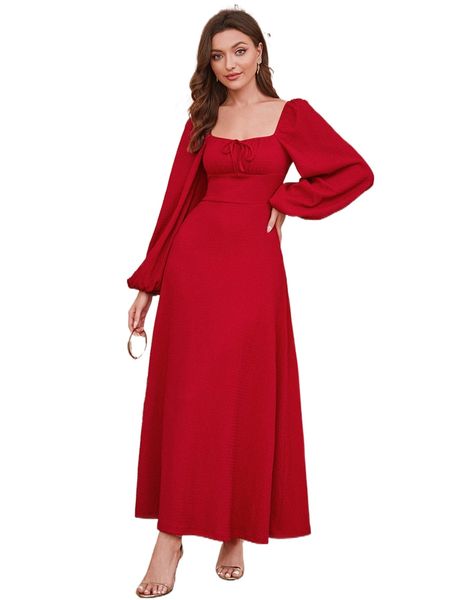 

1pc knot front lantern sleeve dress 90a9#, Black;gray