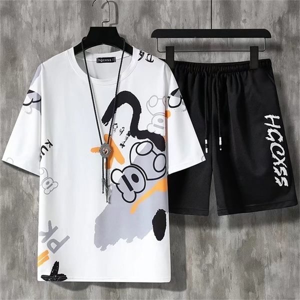 

men's tracksuits summer men's sets korean fashion tracksuit men streetwear casual cartoon men outfit set t shirtsshorts 2 piece se, Gray