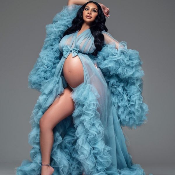 

2022 prom dresses elegant pregnant women's dress see thru maternity robes for baby showers a line lace up ruffled evening gowns, Black