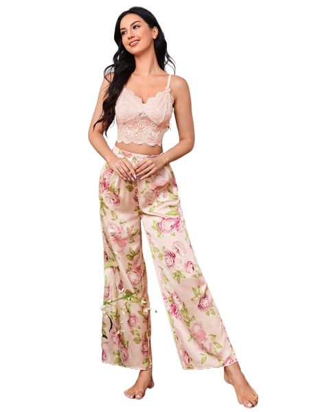 

lace cami & floral print pants pj set p5ni#, Black;red