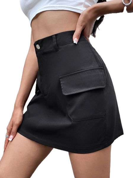 

high waist flap pocket skirt 20jo#, Black