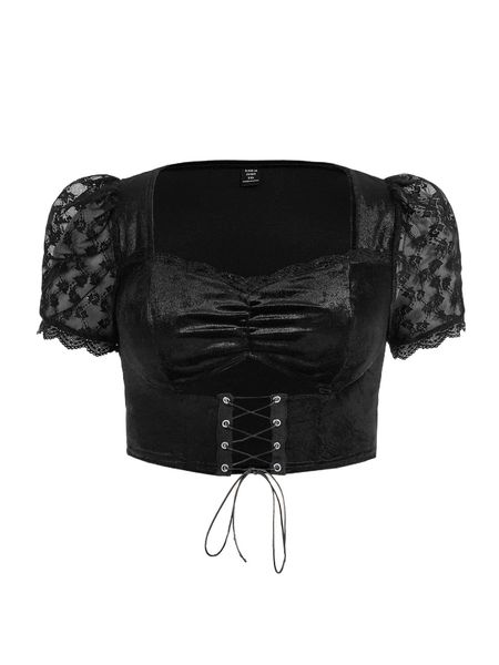 

plus lace up front contrast lace velvet blouse 74i5#, Black