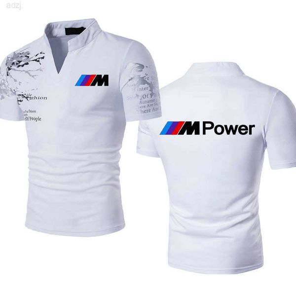 

summer new mens fashion short leeve bmw m sports car printing stand collar color contrast tshirt, White;black