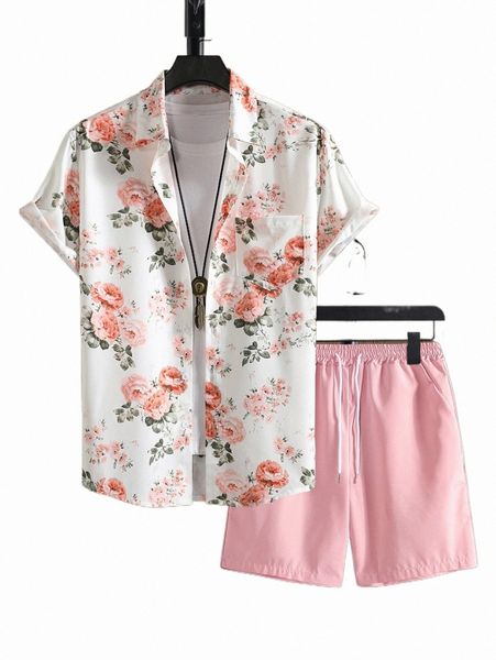 

men floral print shirt & drawstring shorts without tee s218#, Gray