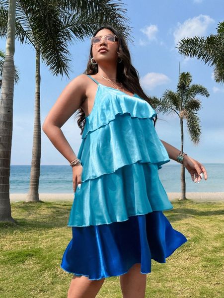 

plus color block layered hem satin cami dress 32am#, Black