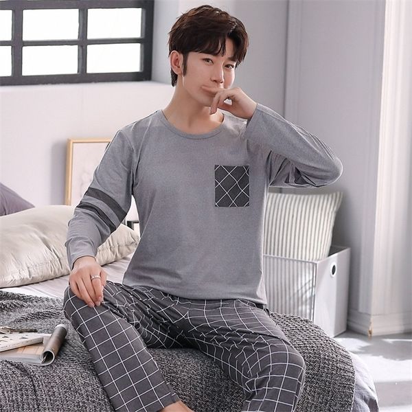 

2020 autumn long sleeve casual plaid pajama set for men korean soft sleepwear suit pyjamas male loungewear homewear home clothes lj201112, Black;brown
