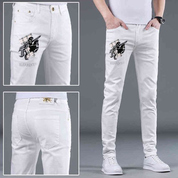 

summer thin white jeans men's fashion brand korean embroidery slim fit casual versatile elastic pants, Blue
