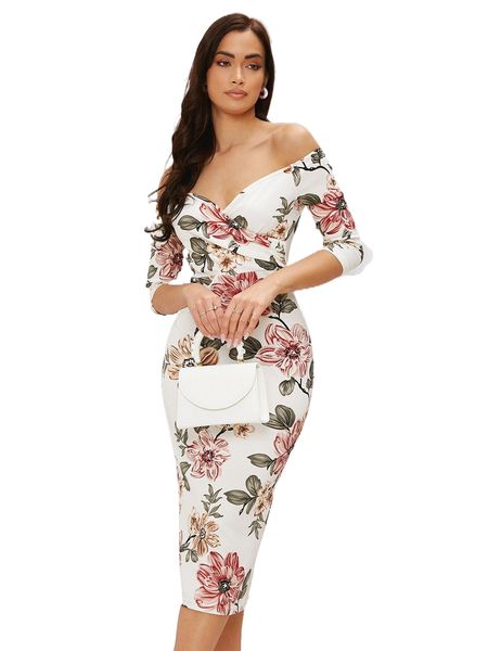 

floral print off shoulder bodycon dress 50ii#, Black;gray