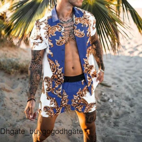 

summer men's casual shirts tracksuit hawaiian sets t-shirts printing luxury swim short sleeve button men shirt suit vacation beach fash, White;black