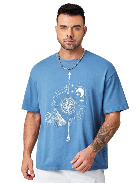 

extended sizes men compass & moon print tee 91zl#, White;black