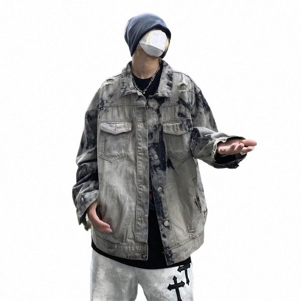 

men's jackets casual loose jacket washed denim coat distressed leisure outwear k8 p6e8#, Black;brown