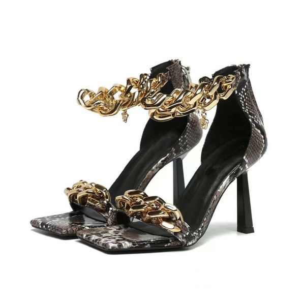

women designer chain sandals fashion square head chain mules high heel sandals genuine leather sandals wedding dress shoes party shoes with, Black