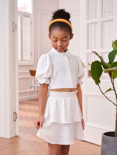 

girls button front blouse & layered hem skirt she, White