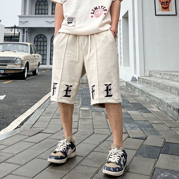 

pu leather letter embroidery elastic waist summer shorts for men hip hop wide leg casual pants, Black