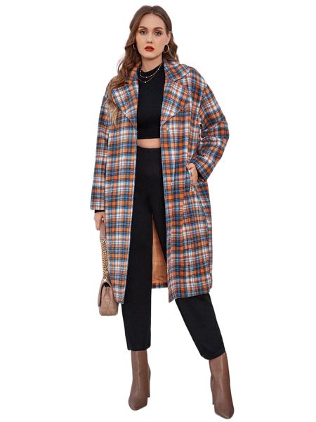 

plus plaid single breasted slant pocket overcoat 42um#, Black
