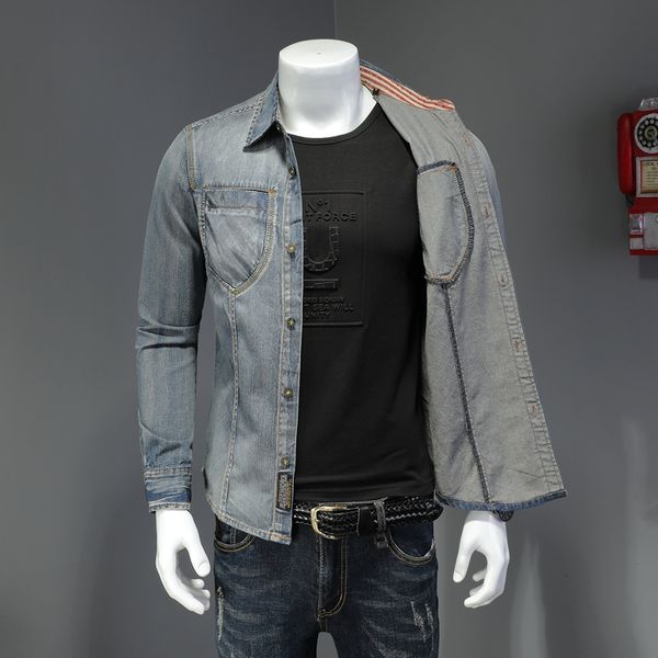 2023 primavera nuovi top personalità giovanile camicie a maniche lunghe linea aperta design denim uomo tutto-fiammifero colletto quadrato camicie casual tendenza taglia asiatica S-4XL