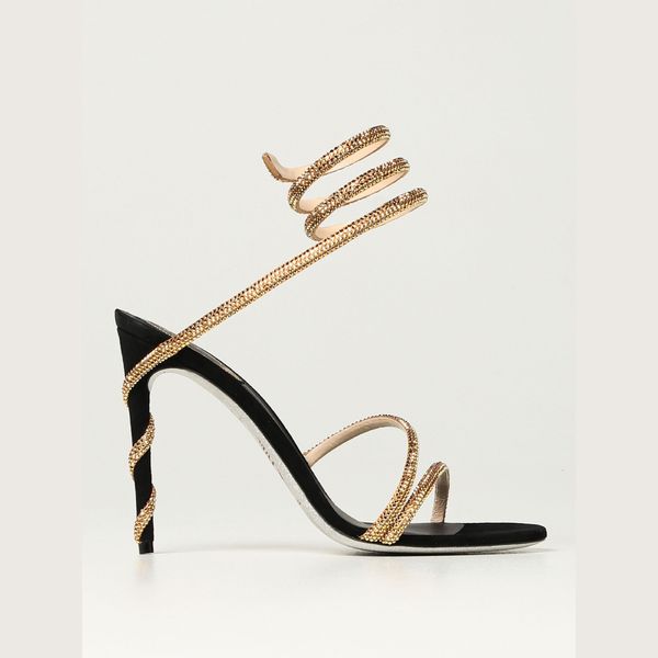 

rene caovilla cleo crystal-studded snake strass stiletto heels sandals evening shoes for women high heeled luxury designers ankle wraparound, Black