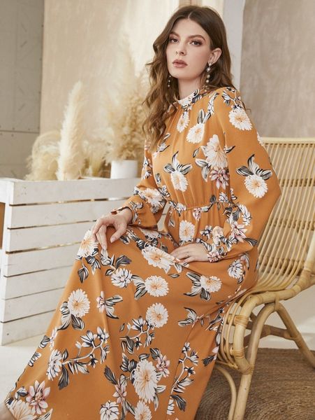 

floral print bishop sleeve mock neck dress h0uh#, Black;gray