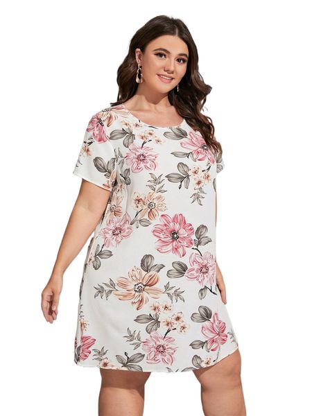 

plus floral print tunic dress n3ux#, Black