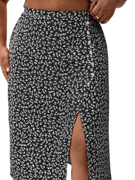 

plus ditsy floral split thigh skirt a6zf#, Black