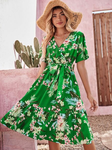 

floral print surplice neck ruffle hem belted dress e1ts#, Black;gray