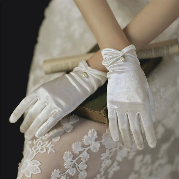Guanti a cinque dita da donna da sposa da sposa corto in raso dito pieno al polso costume da ballo classico nero bianco rosso