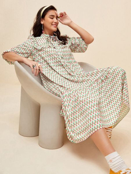 

allover print tie neck dress p4qw#, Black;gray