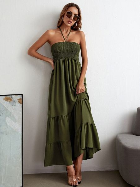 

shirred ruffle hem halter neck dress 02tq#, Black;gray