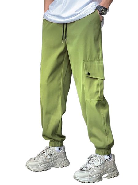 

men flap pocket drawstring waist cargo pants u0ac#, Black