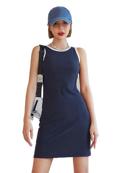 

dazy contrast binding round neck dress k21c#, Black;gray