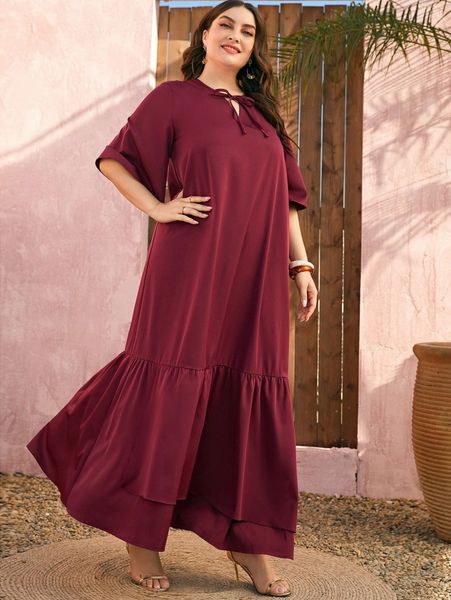 

plus tie neck flutter sleeve ruffle hem smock dress j67f#, Black