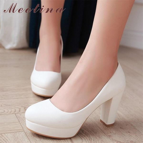 

meotina women shoes high heels platform pumps thick high heel plus size 3443 causal autumn shoes beige white pink zapatos mujer 210225, Black